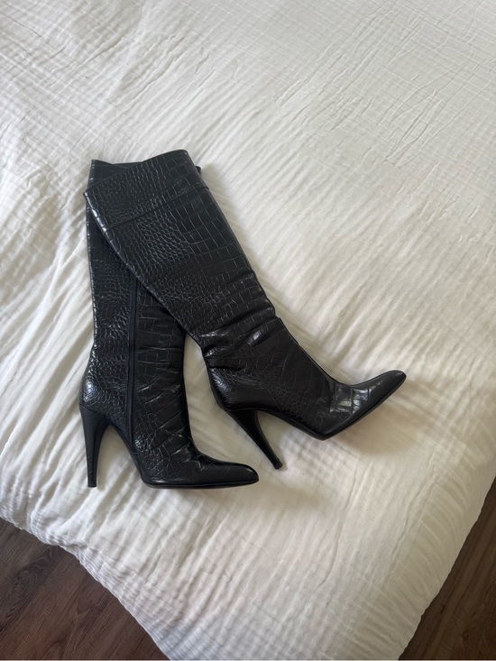 Prada Shoes - Vintage Prada Black Croc-Embossed Knee-High Stiletto Boots